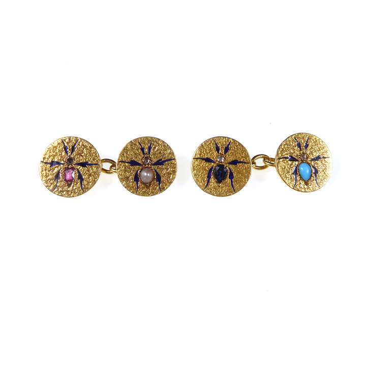 Pair of gold, gem and enamel round panel insect motif cufflinks